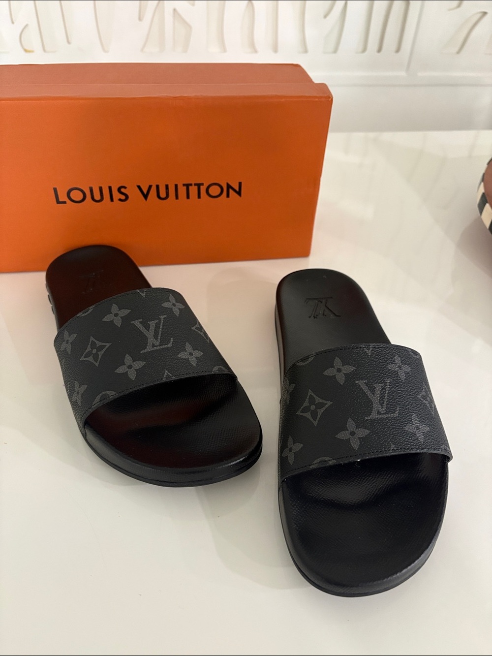 Louis Vuitton Black & Gray Monogram Slide Sandals